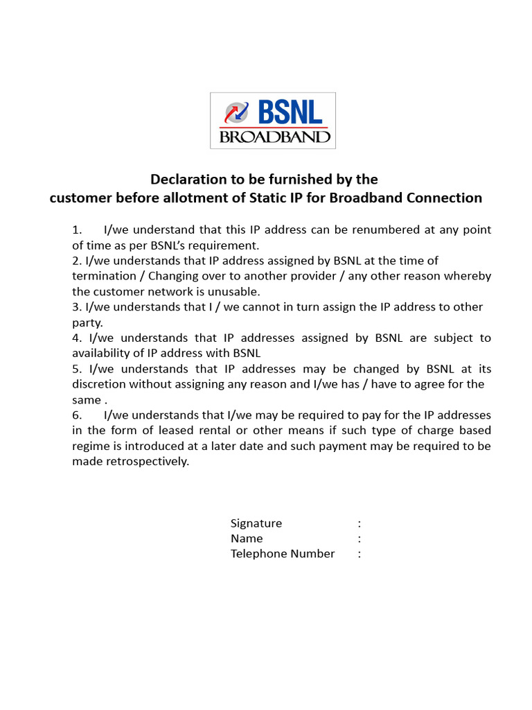 Static IP Declaration for BSNL Customers | PDF