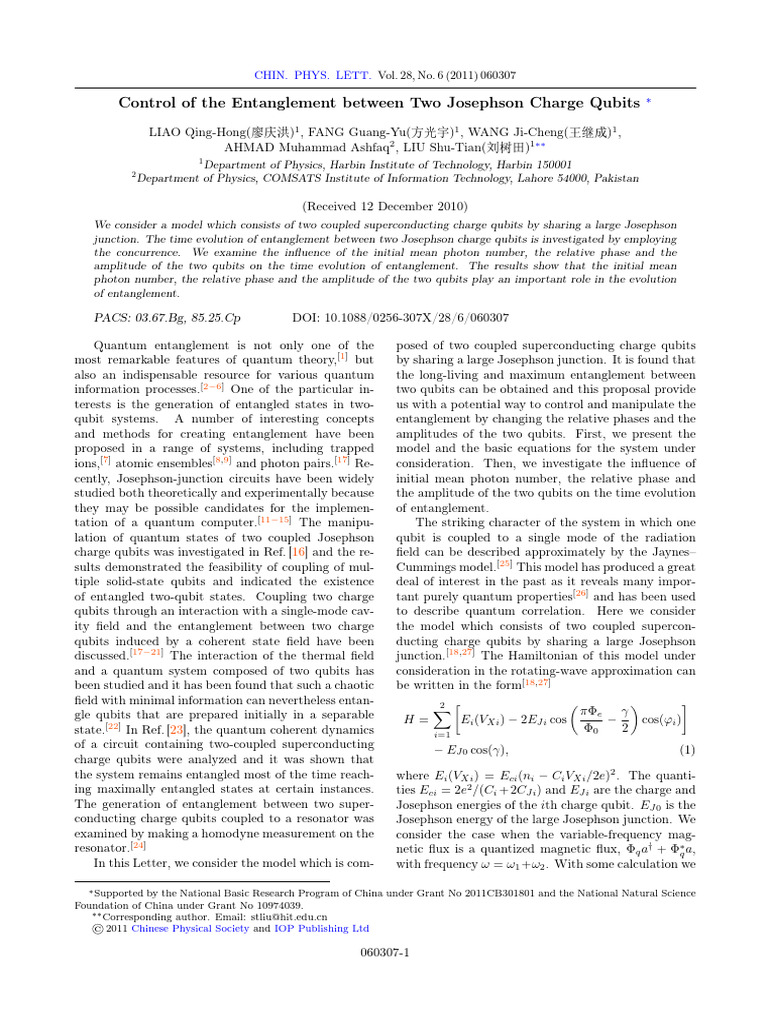 Control of The Entanglement Between Two Josephson Charge Qubits | PDF ...
