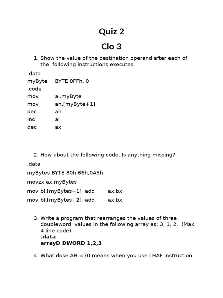 Assembly Language Quiz Questions | PDF