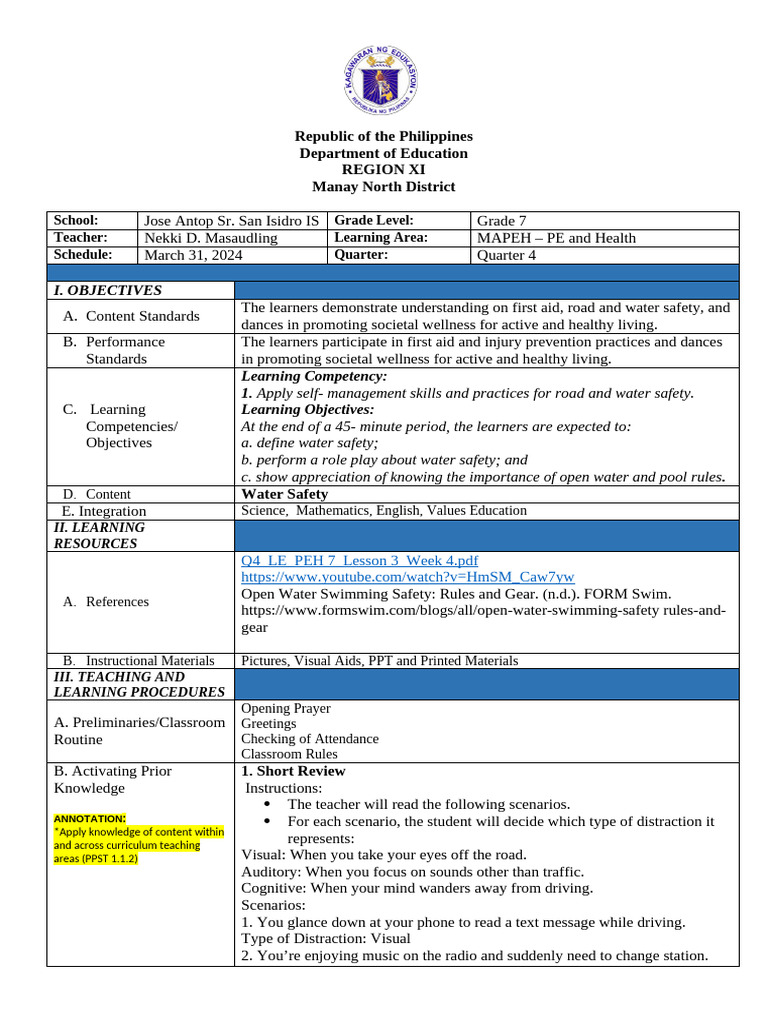 Grade 7 Water Safety Lesson Plan | PDF | Swimming | Learning