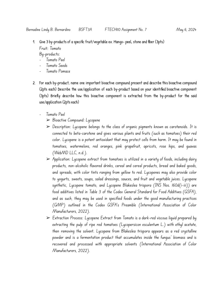 FTECH110 Assignment No. 7 (Bernardino) | PDF | Dietary Fiber | Diet ...
