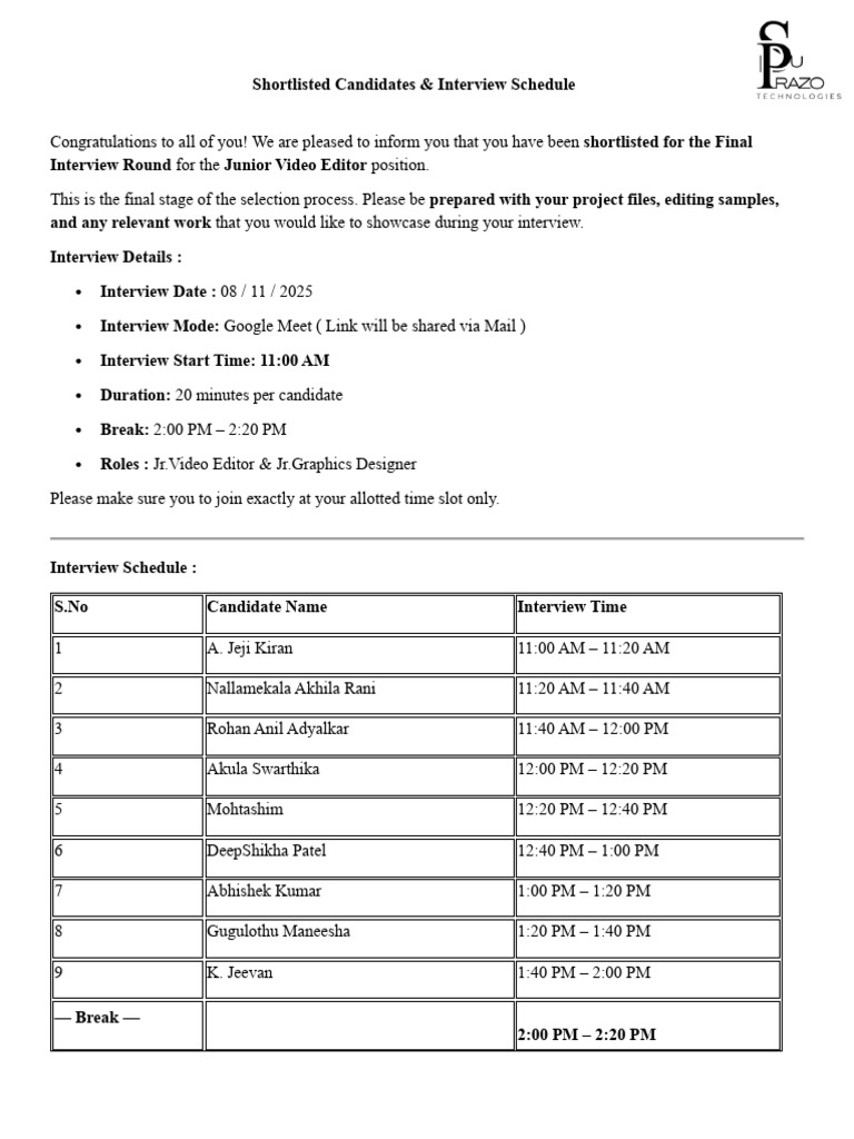 Interview Slots SuPrazo Technologies | PDF