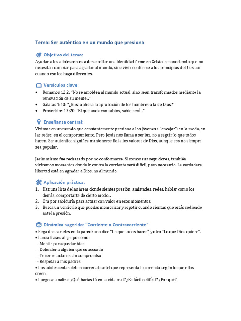 Tema Biblico Ser Auténtico en Un Mundo Que Presiona | PDF