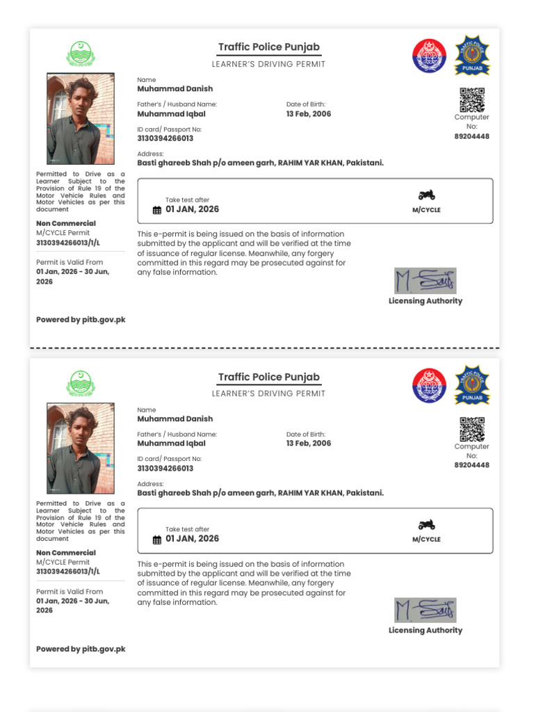 Learner's Driving Permit for Muhammad Danish | PDF | Identity Document ...