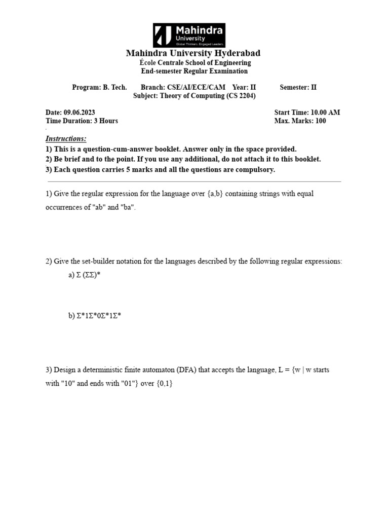 B.Tech Theory of Computing Exam Paper | PDF | Regular Expression ...