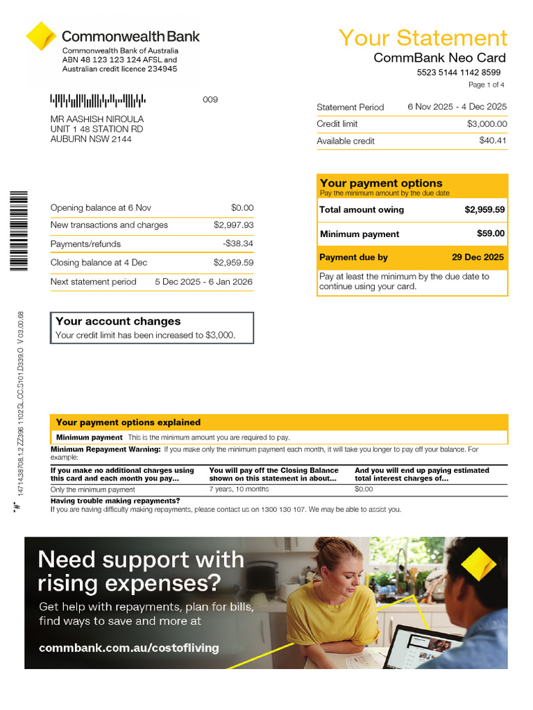 CommBank Neo Card Statement Summary | PDF | Credit Card | Payments