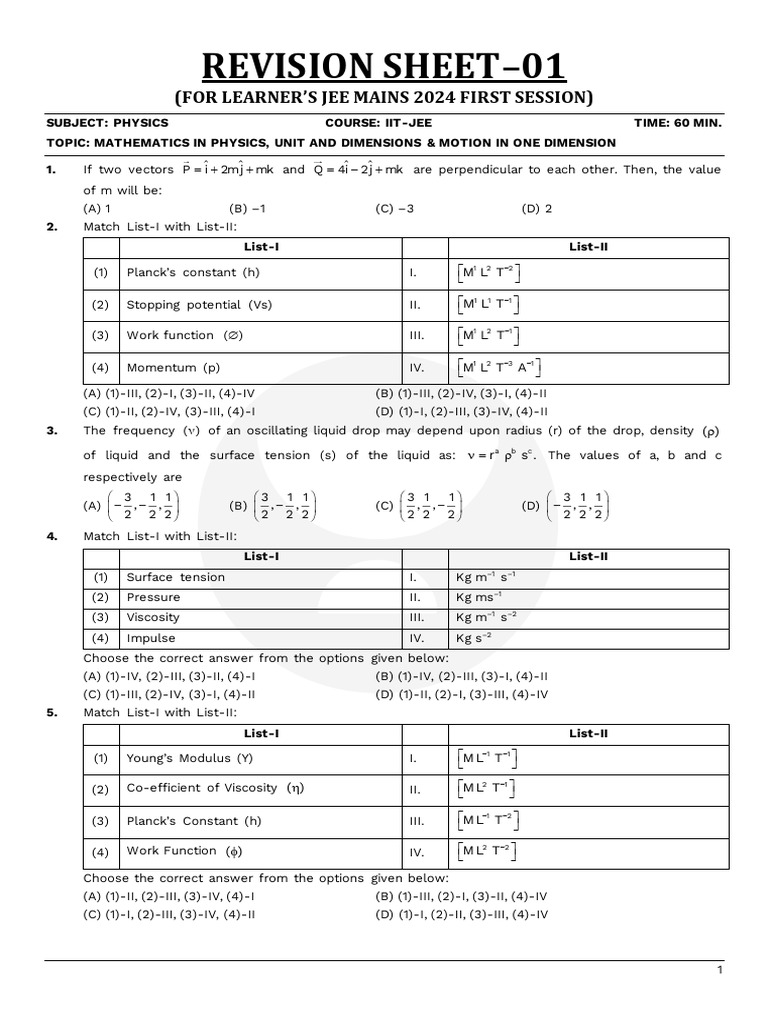 JEE Mains 2024 Physics Revision Sheet | PDF