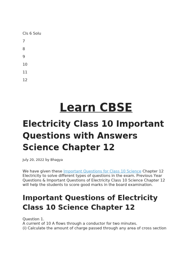 Class 10 Electricity Important Questions | PDF | Series And Parallel ...
