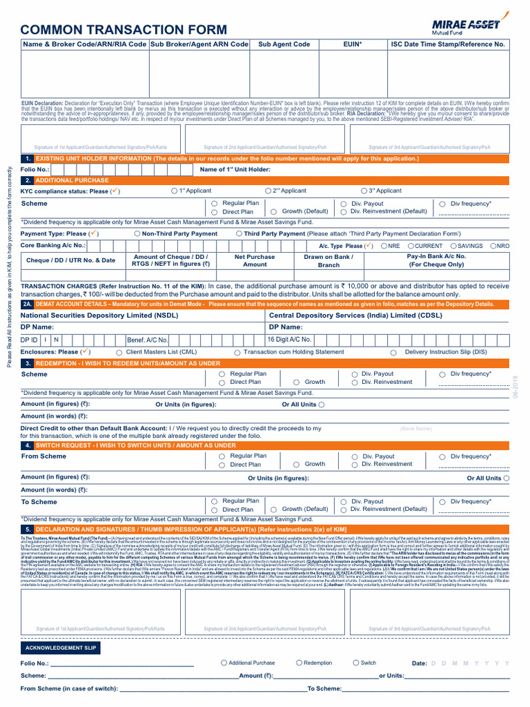 Mirae Asset Mutual Fund Transaction Form | PDF | Banks | Dividend