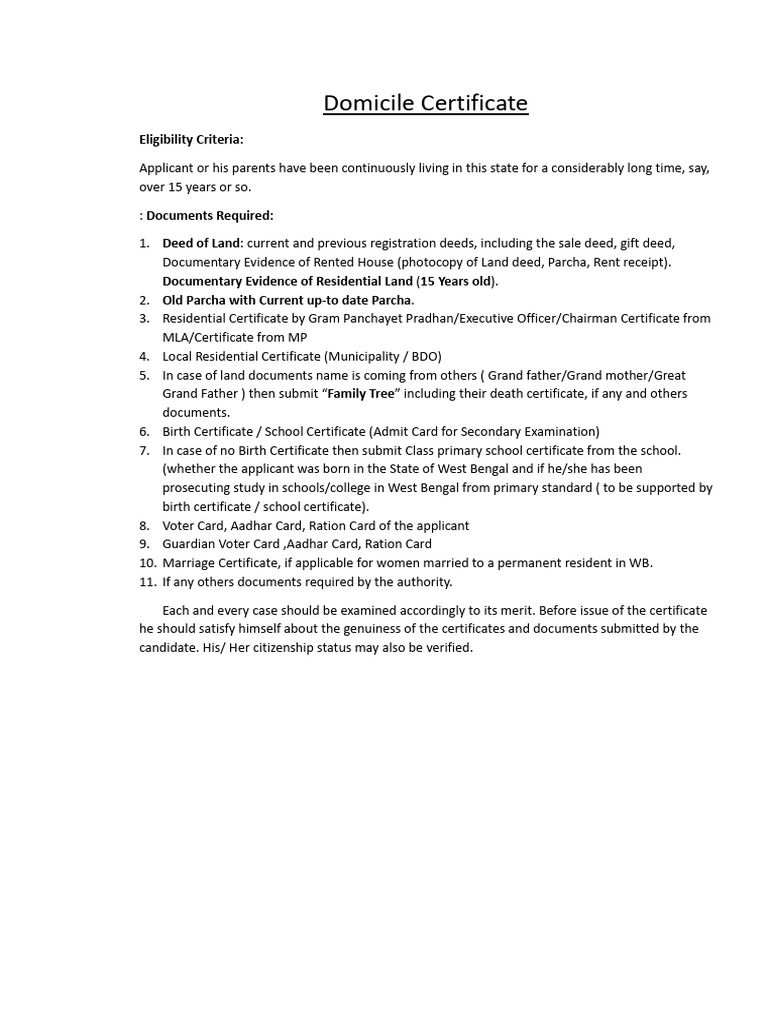 Domicile Certificate Guideline | PDF