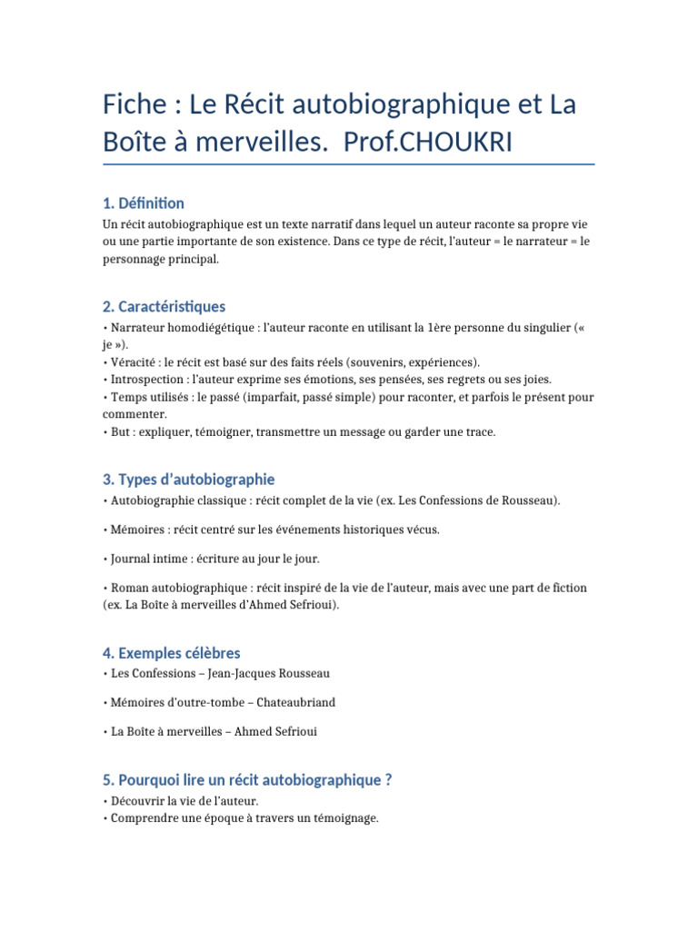 Récit autobiographique et La Boîte à merveilles | PDF