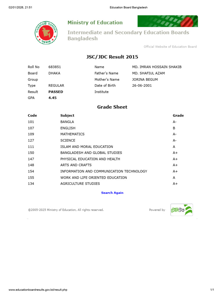 JSC/JDC Result 2015 for MD. Imran Hossain | PDF | Bangladesh