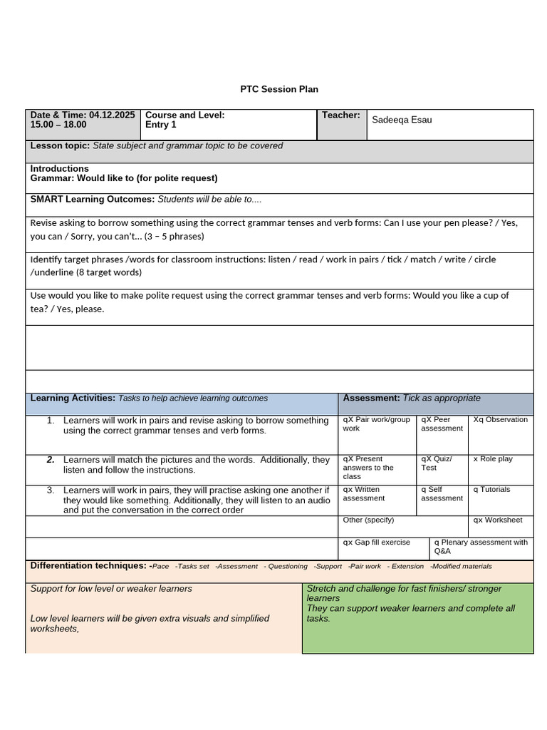Grammar Lesson Plan: Polite Requests | PDF | Learning | Education Theory