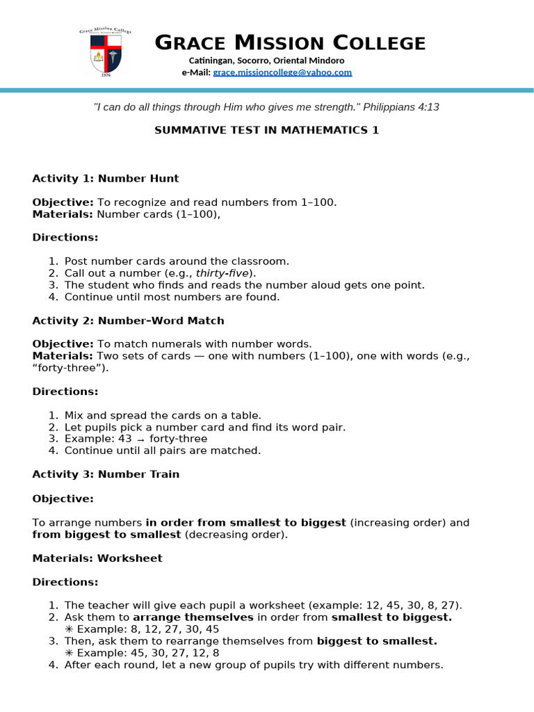 Mathematics 1 Summative Test Activities | PDF | Cognition | Learning