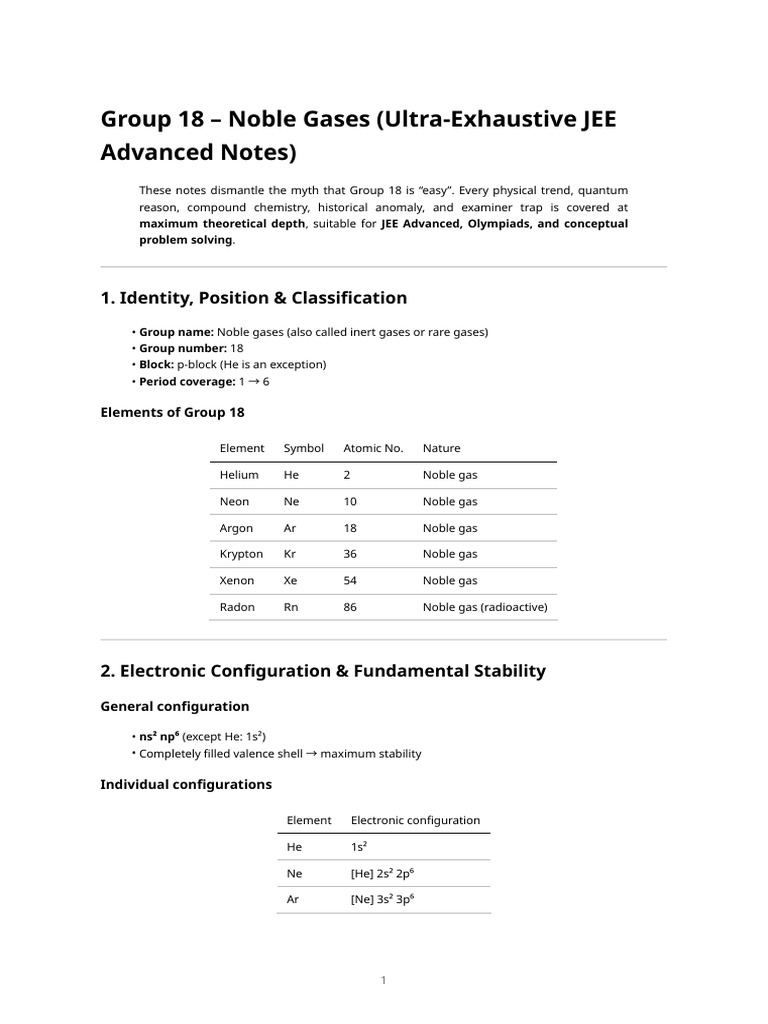 Group 18 - Noble Gases (Ultra-Exhaustive Notes) | PDF | Industrial ...