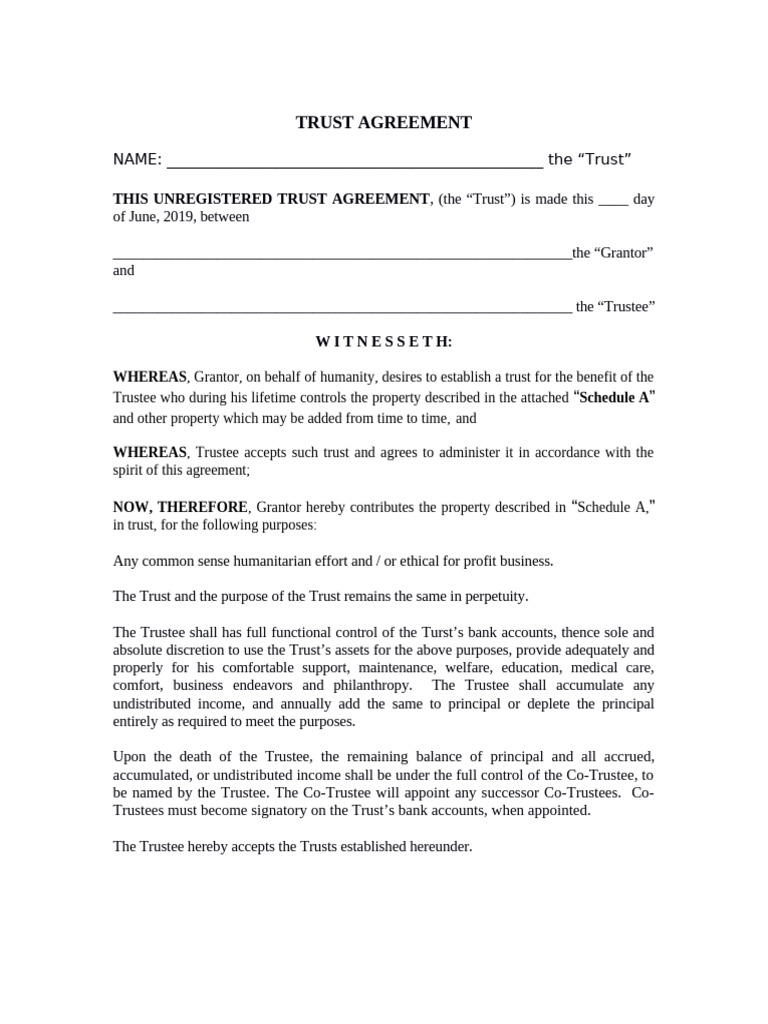 Unregistered Trust Agreement Template | PDF