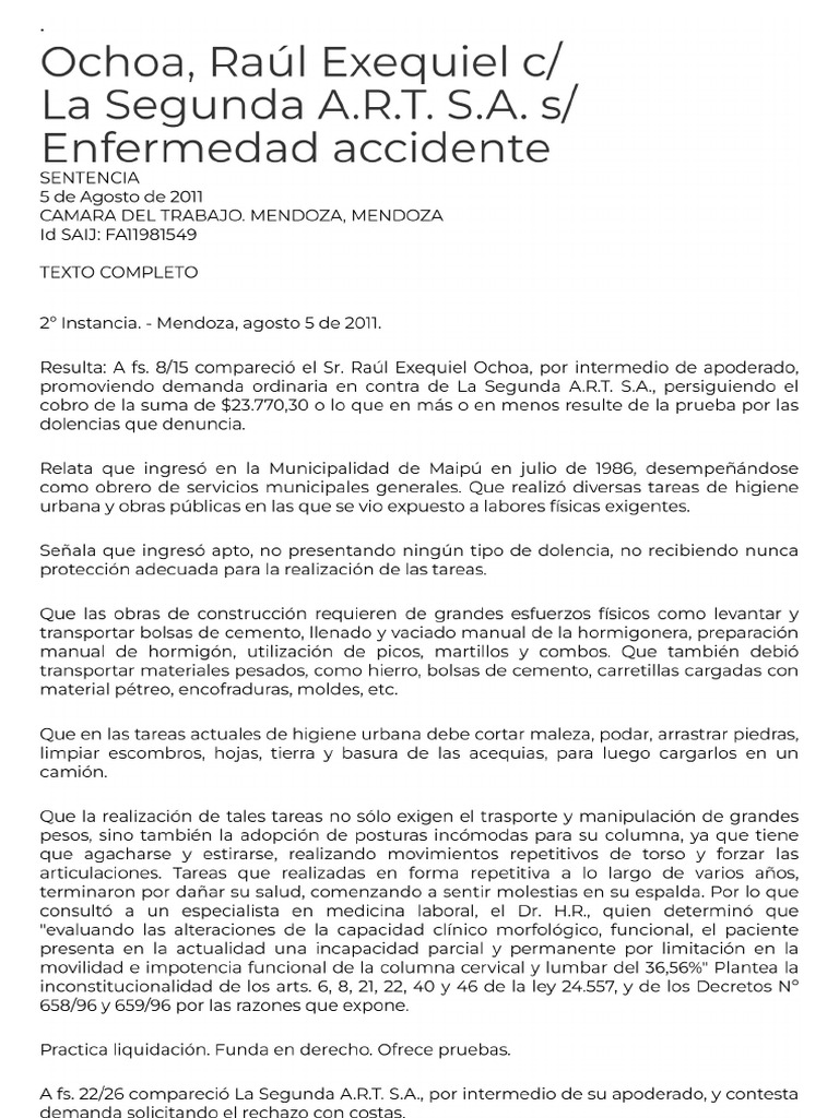 Ochoa, Raúl Exequiel C_ La Segunda a.R.T. S.a. S_ Enfermedad Accidente ...