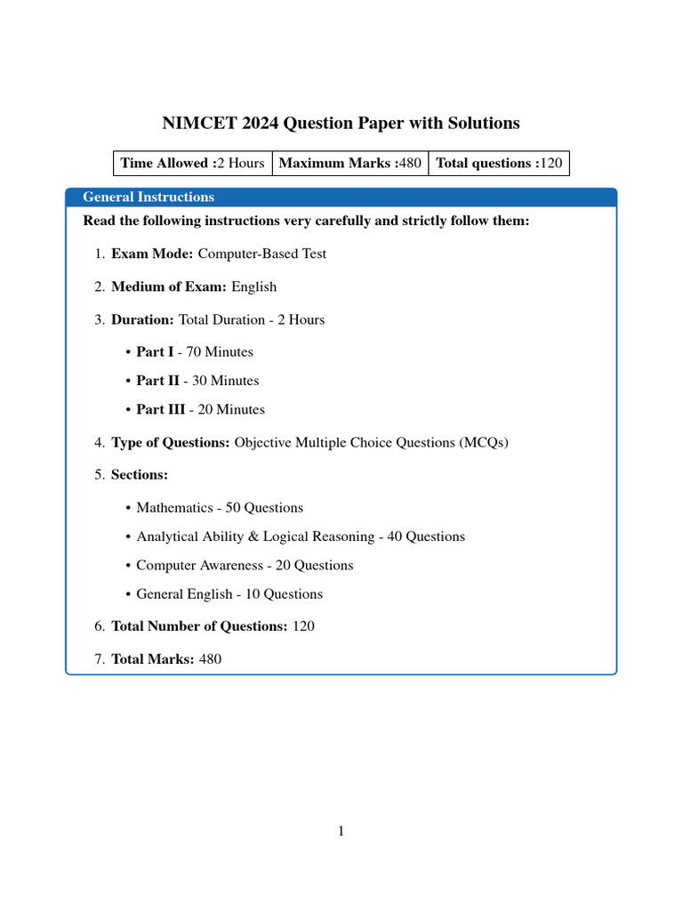 NIMCET 2024 Question Paper & Solutions | PDF | Mean | Intersection (Set ...