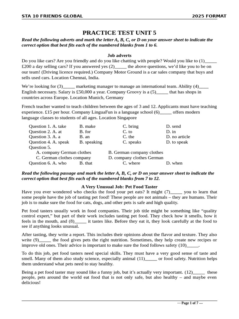 Practice Test for Job Advertisements and Skills | PDF | Green Job ...