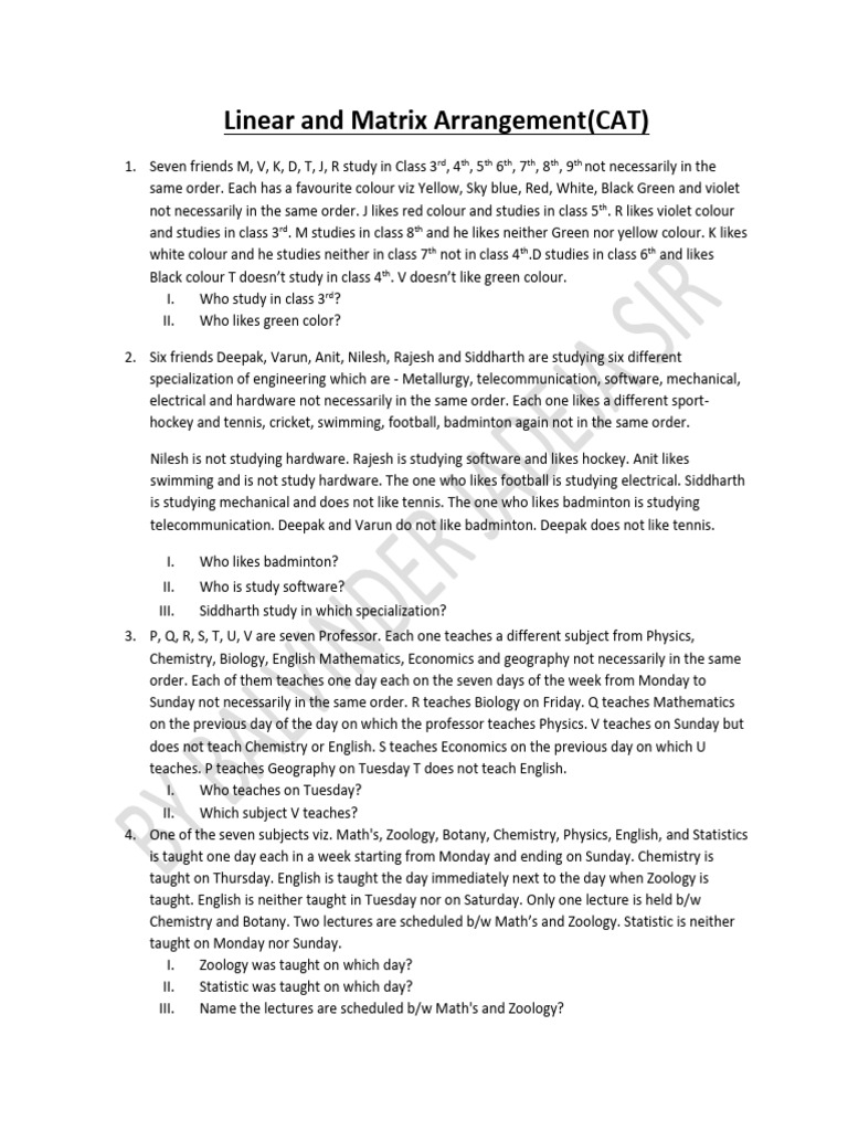 Linear and Matrix Arrangement Puzzles | PDF