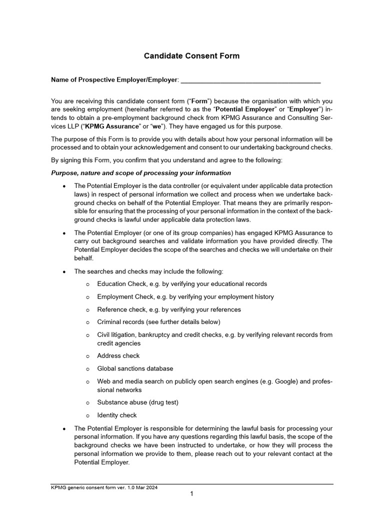KPMG Candidate Consent Form 2024 | PDF | Criminal Record | Background Check
