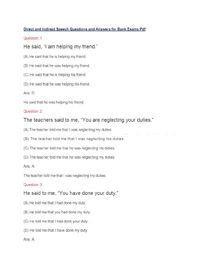 Direct Indirect Speech Questtions Answers | PDF