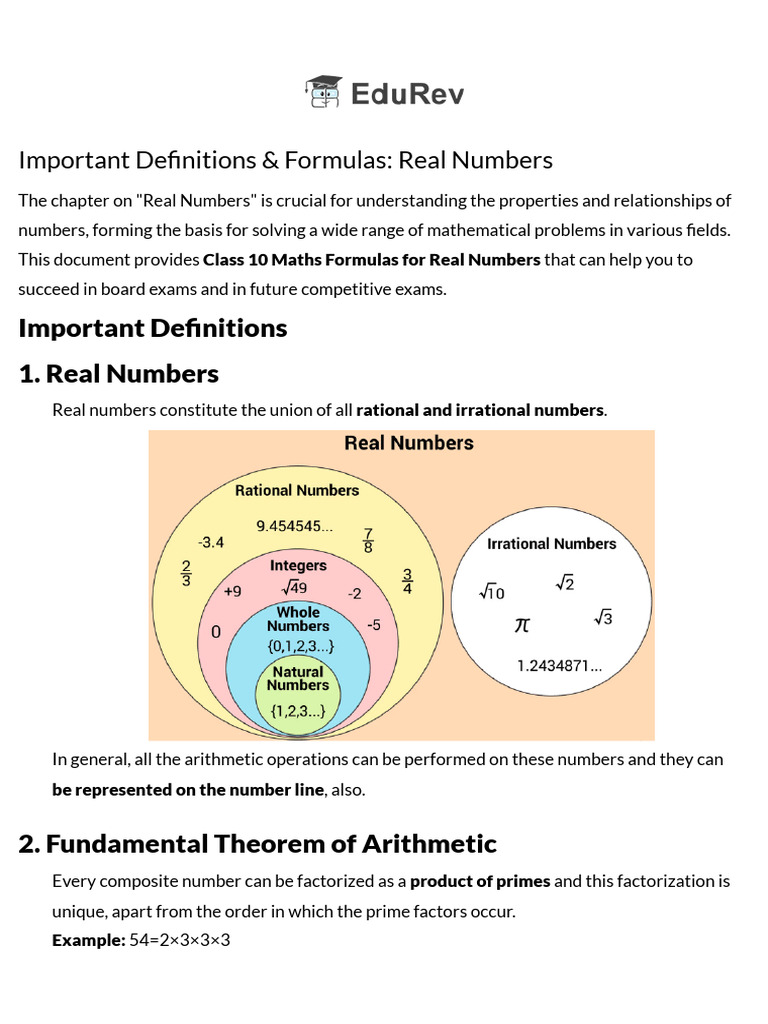 Real Numbers: Key Definitions & Formulas | PDF | Numbers | Factorization
