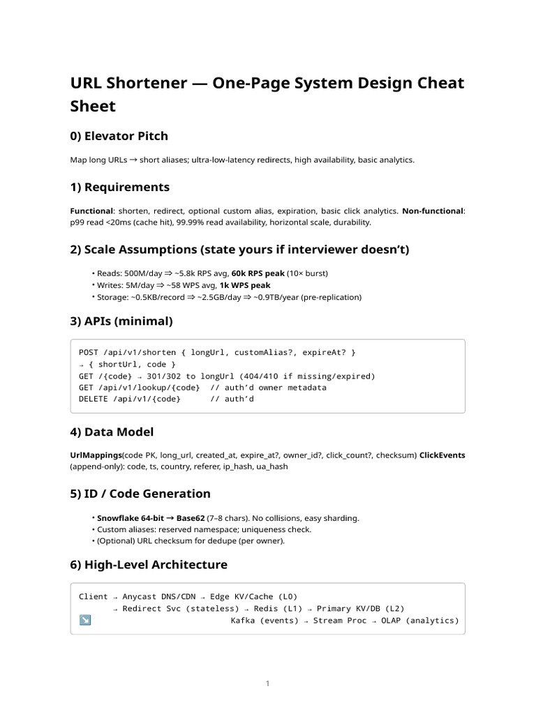 Url Shortener System Design — One‑Page Interview Cheat Sheet | PDF ...
