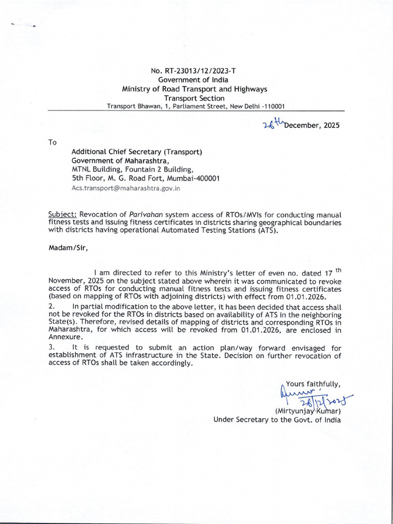Revocation of Parivahan Access of RTOs - MH | PDF