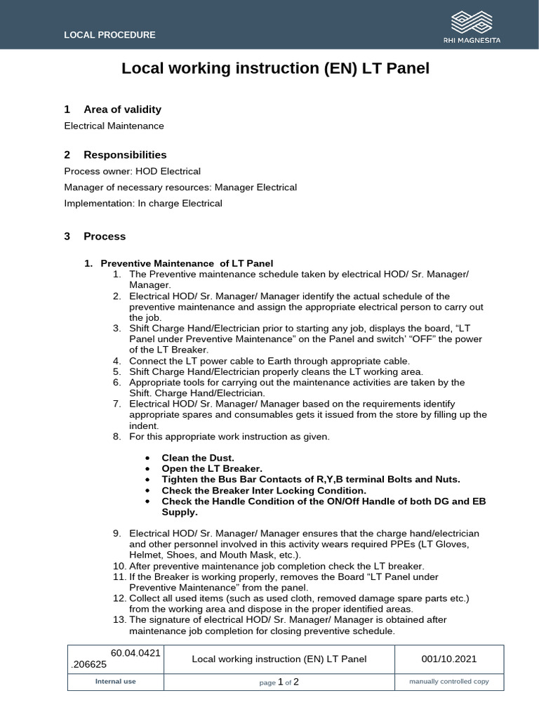 LT Panel Preventive Maintenance Guide | PDF | Safety