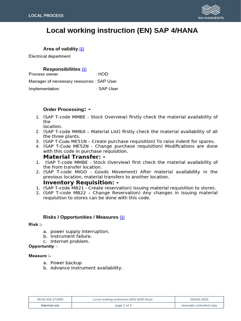 Local Working Instruction (En) SAP HANA Electrical Department | PDF