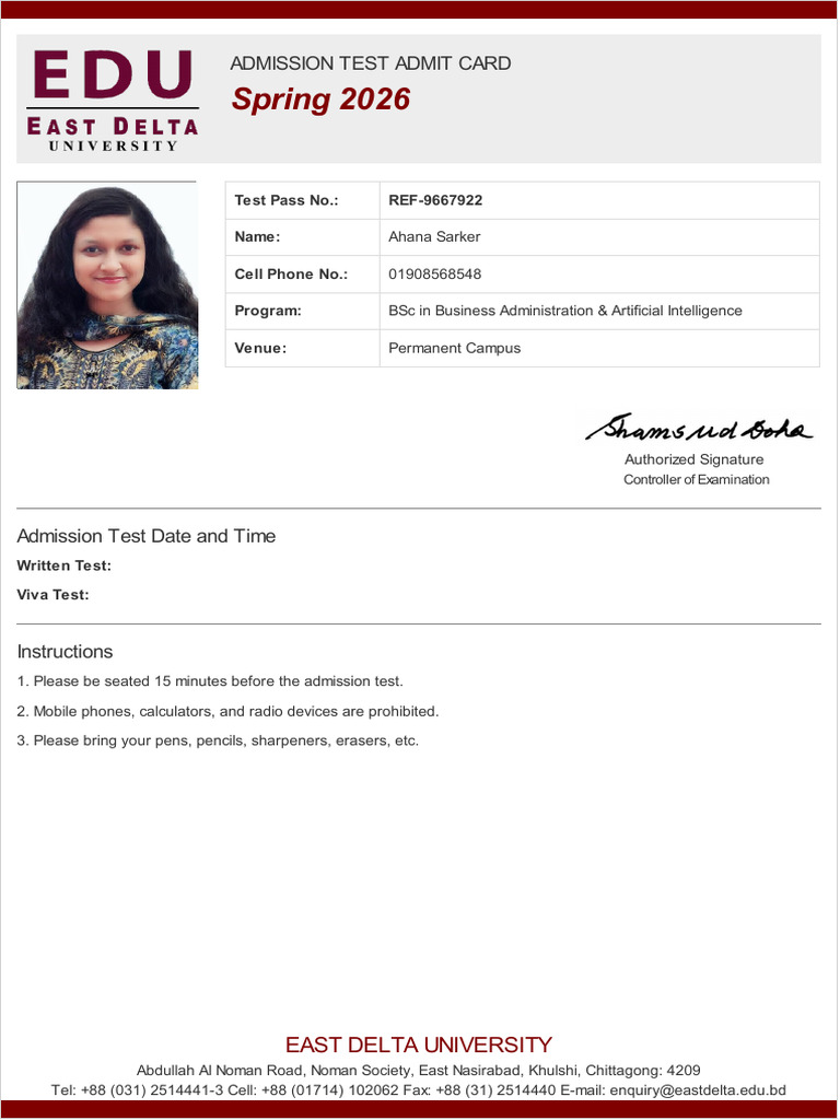 Admission Test Admit Card | PDF