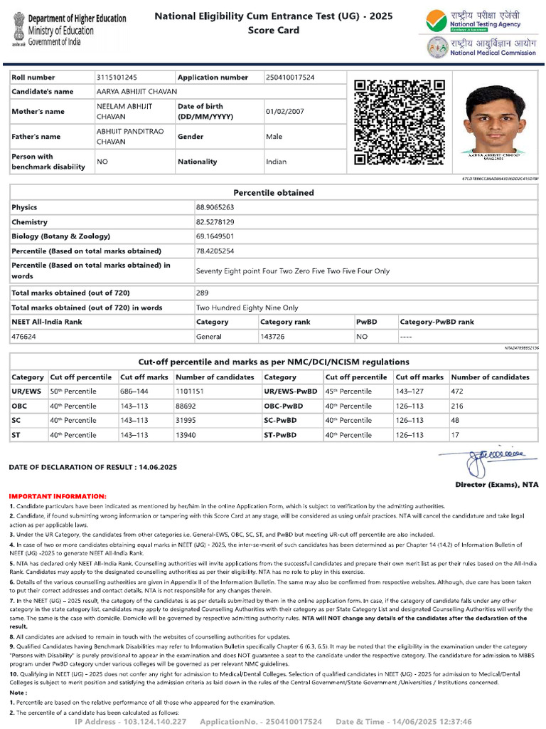 Score Card NEET | PDF