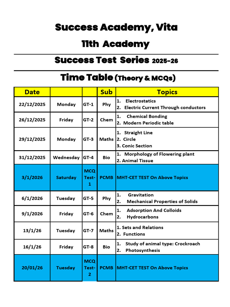 Success Academy 2025-26 Test Schedule | PDF