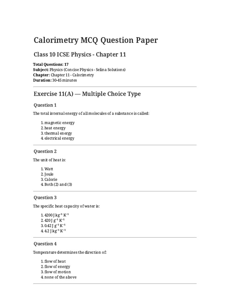 Calorimetry MCQ Question Paper (1) | PDF | Heat | Heat Capacity