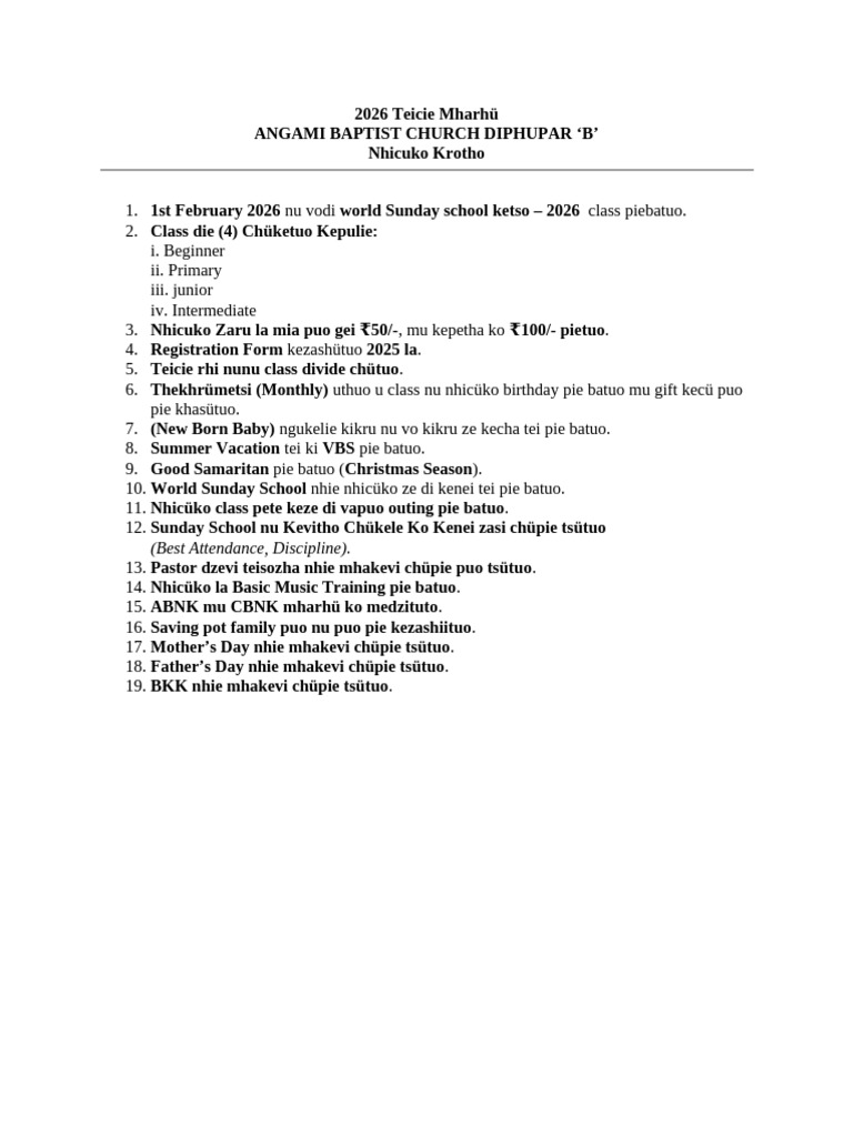 2026 Angami Baptist Church Sunday School | PDF