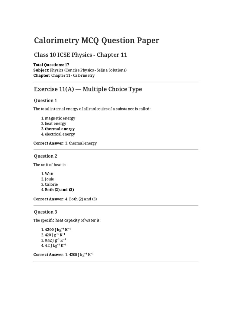 Calorimetry MCQ Question Paper | PDF | Heat | Heat Capacity