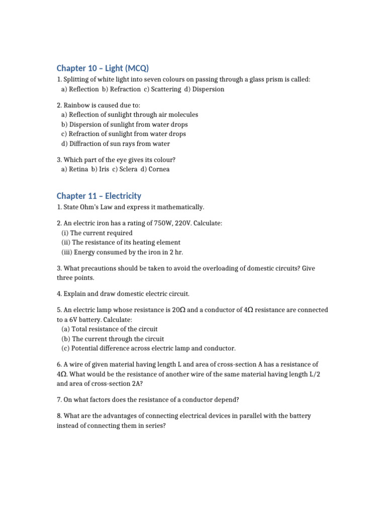 Science Questions Light Electricity Magnetism | PDF