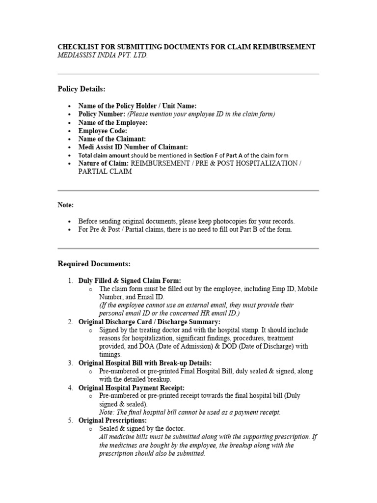 Claim Reimbursement Document Checklist | PDF | Medical Prescription ...