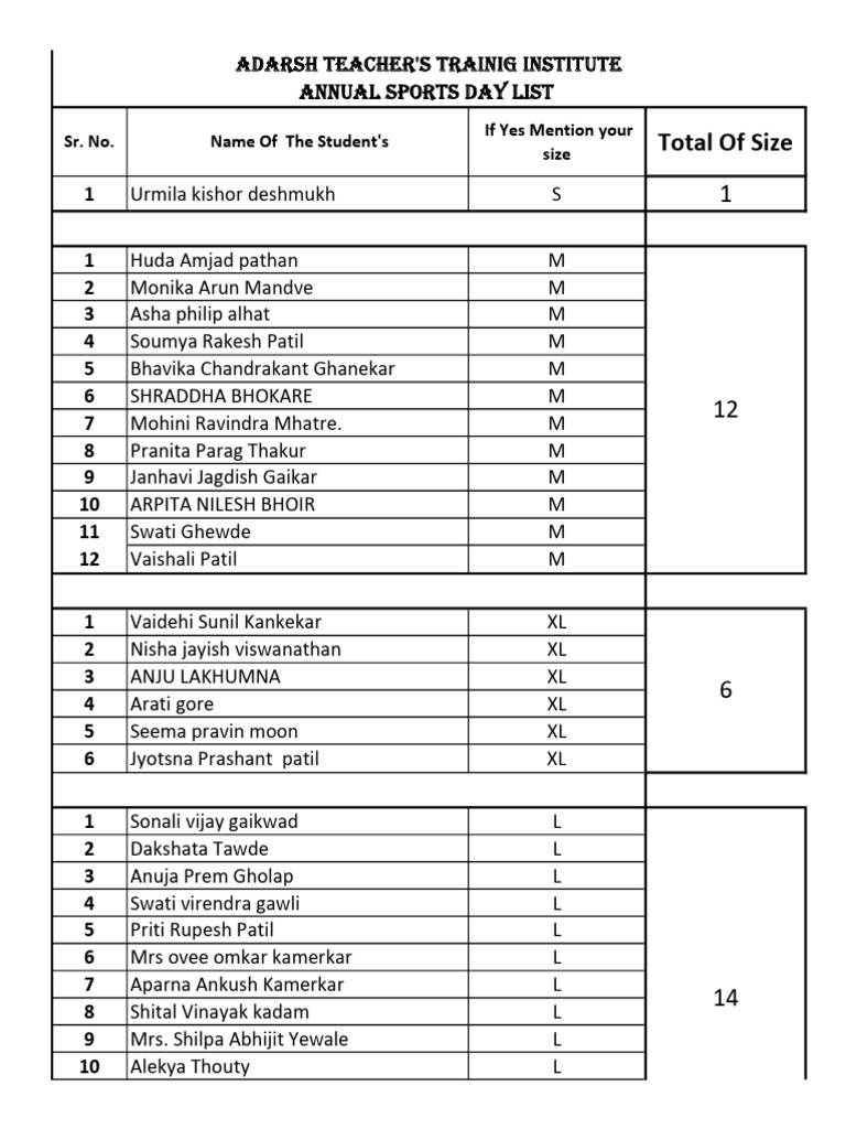 Annual Sports Day Student Size List | PDF