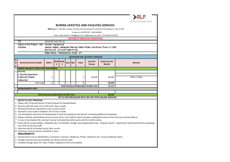 Security Services Cost Proposal Document | PDF
