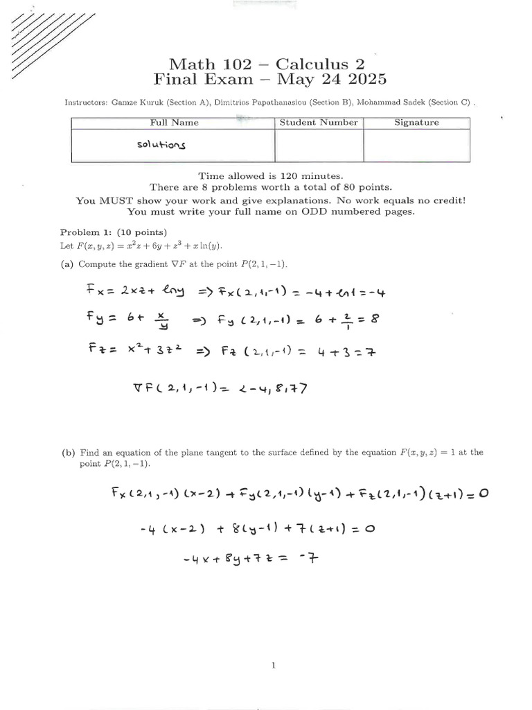 Math102 Final Sample 3 | PDF