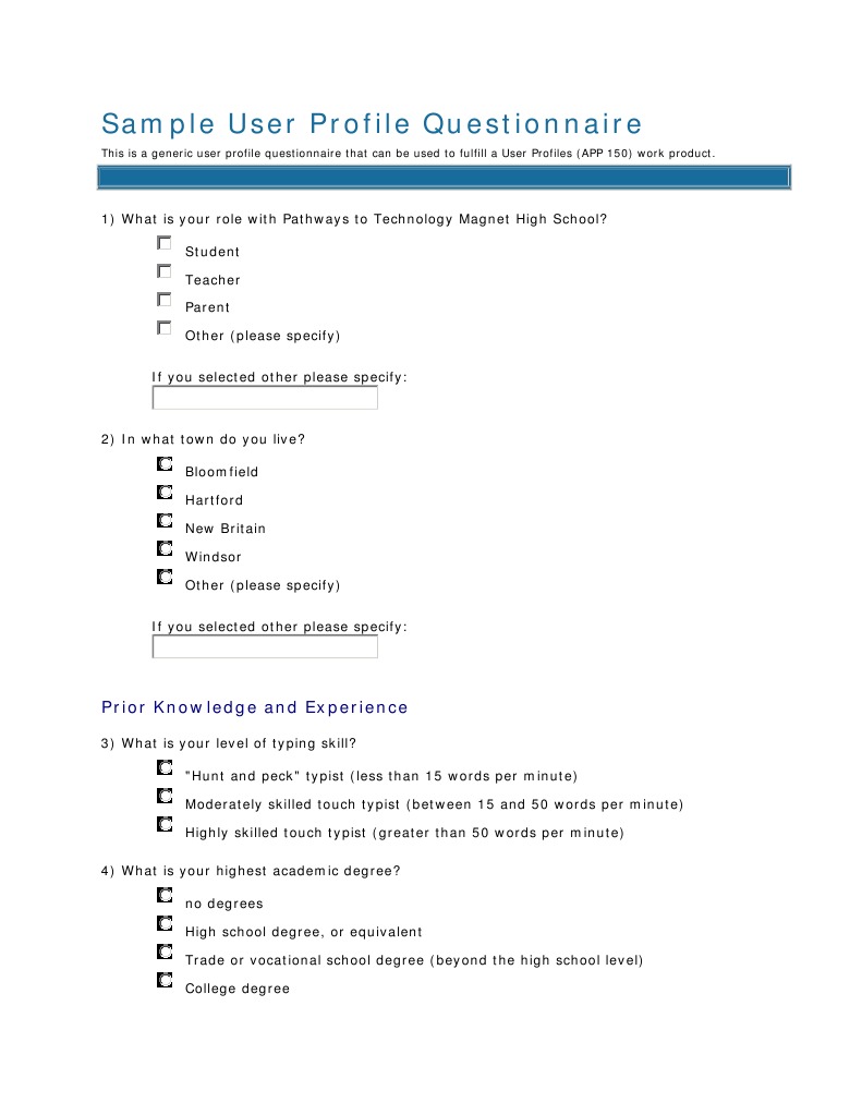 Sample User Profile Questionnaire | Handedness | World Wide Web