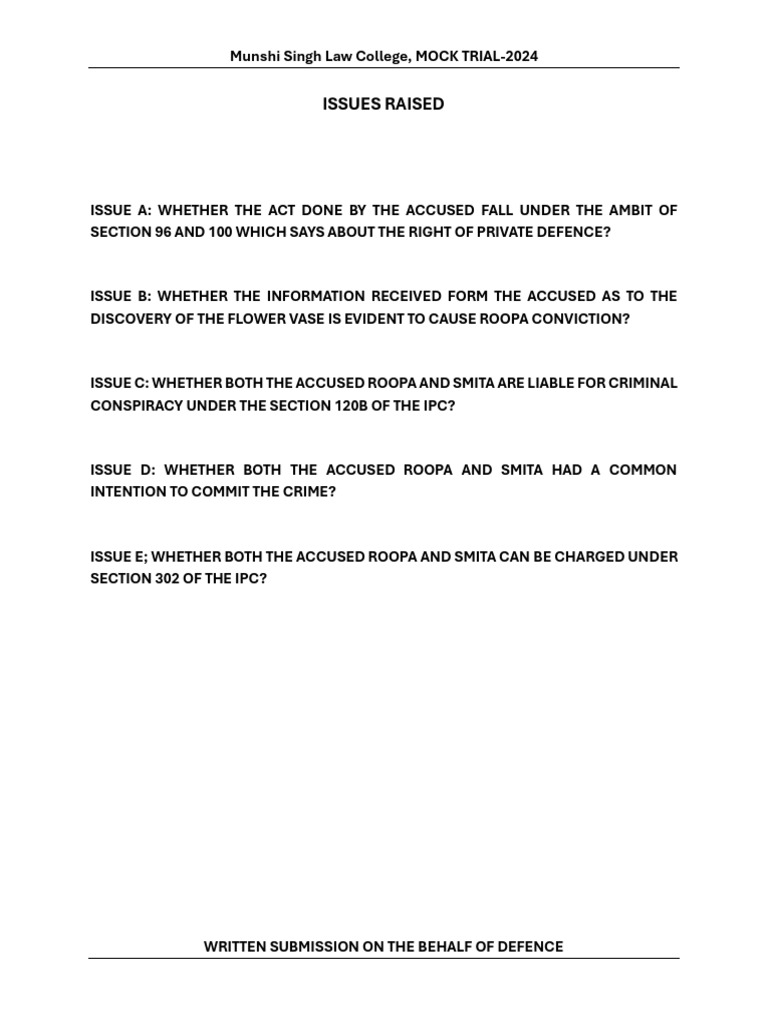 Defence Submission for Mock Trial 2024 | PDF