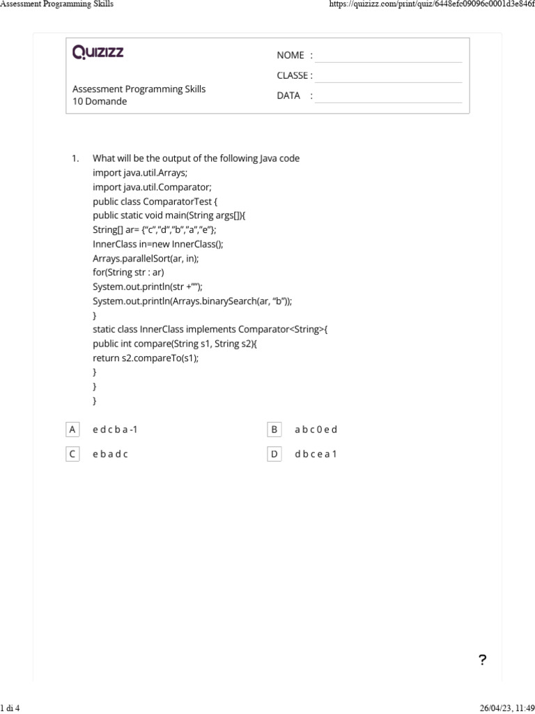 Programming Skills Assessment Quiz | PDF