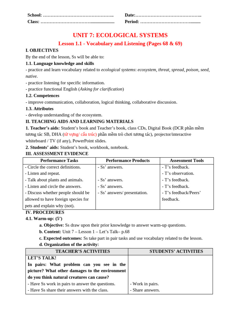 Unit 7 - Lesson 1.1 - Vocab & Listening - Pages 68 & 69 | PDF ...