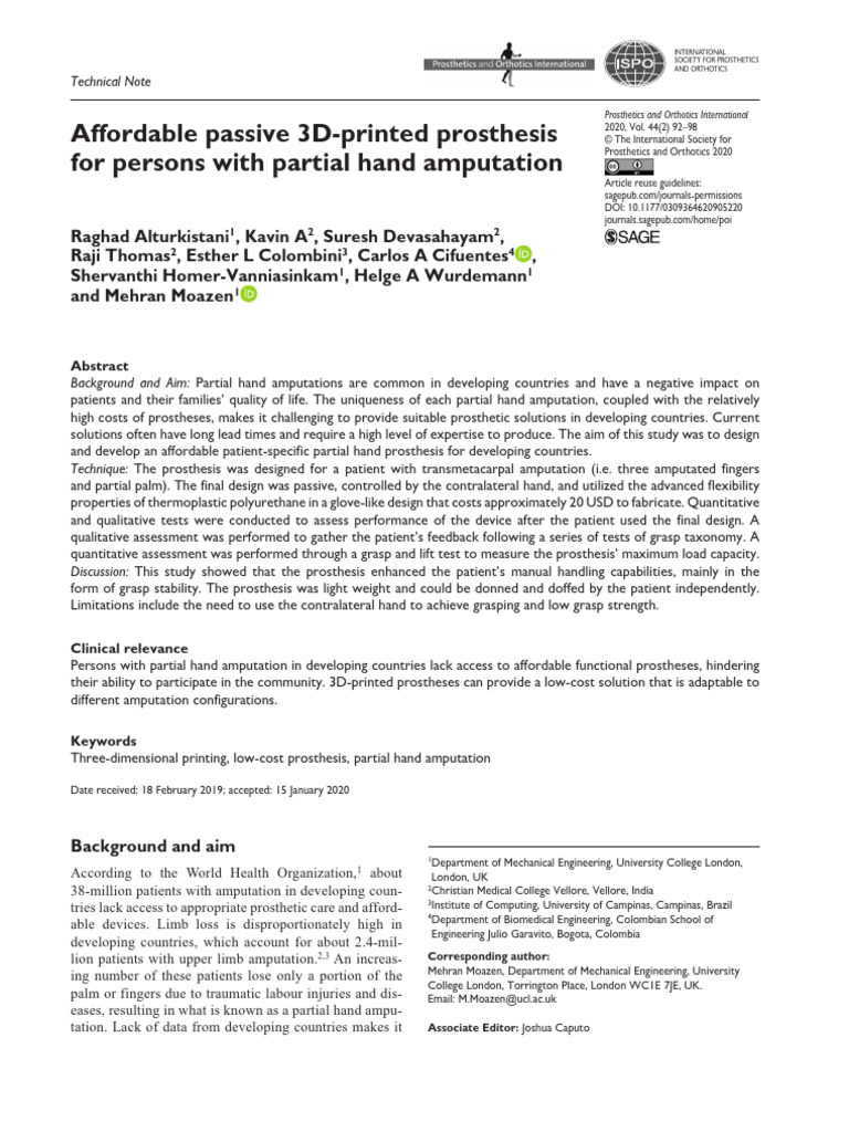 Affordable Passive 3D-Printed Prosthesis For Persons With Partial Hand ...