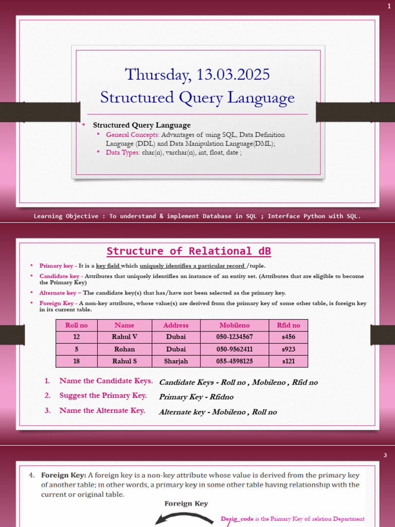 SQL Basics: Keys, DDL, DML, Data Types | PDF | Sql | Databases
