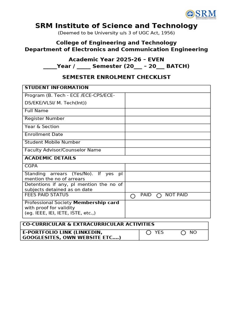 ECE Semester Enrollment Checklist 2025-26 | PDF | Clothing