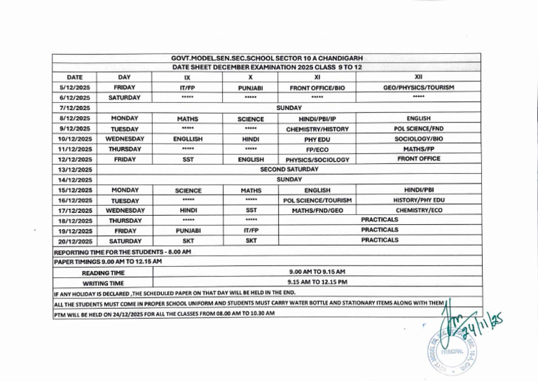 December 2025 Exam Date Sheet for Classes 9-12 | PDF